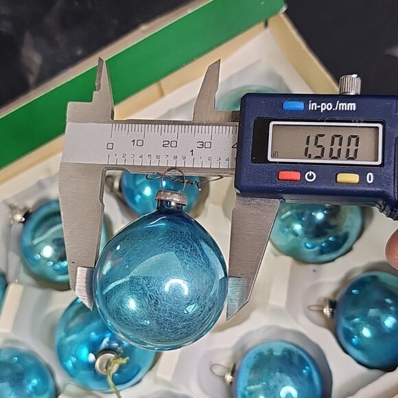 Vintage Glass Christmas Balls Ornaments Baubles BLUE Round Japan Caps Set Of 12 - Picture 8 of 14